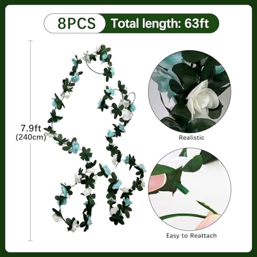 8Pcs 63Ft Teal White Rose Garland, Fake Flower Vines, Artificial Vine Flowers, Rose Hanging Garland for Party Wedding, Garden, Room Table, Christmas, Backdrop Wall Arch Decor - color: Teal White, size: 8Pcs-63Ft
