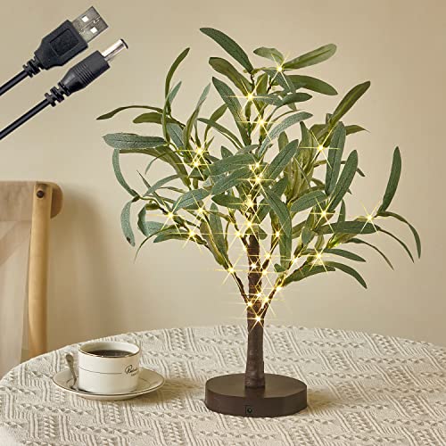 Fudios Little Lighted Tree with Timer 18in 50 LED USB Battery Operated Table Top Bonsai Olive Trees Light Artificial Plant for Home Decor Indoor - color: Olive Tree