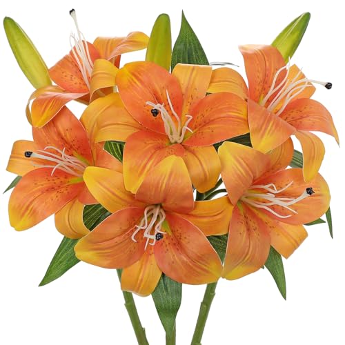 Oairse Artificial Tiger Lily Silk Flowers - 3 Pcs Faux Lily Flower 14.9" Fake Lilies Bouquets Faux Stargazer Lilies Stem with 6 Heads & 3 Buds for Indoor Outdoor Home Table Wedding Decor (Orange) - color: Orange