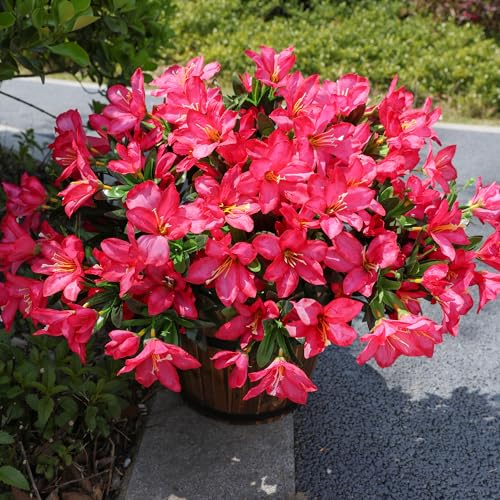 INSPRING Artificial Flowers for Outdoors Outside Summer Decoration, 3 Bundles Fake Silk Azalea Plants UV Resistant Realistic Faux Flowers for Outdoor Planters Front Door Patio Garden Home, Hotpink - color: Hotpink