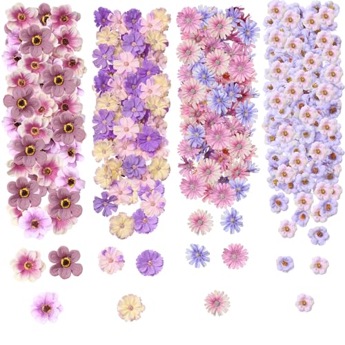 Cindeer 217 Pcs Mini Silk Flower Heads Bulk, Small Fake Flowers for Crafts Artificial 3D Loose Fabric Flower for Crafts DIY Wedding Party Hair Cap Dresses Decorations(Purple Series) - color: Purple Series