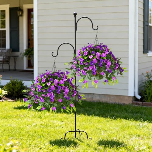 Hommyea Artificial Fake Hanging Flowers Plants Basket for Outdoors Outside Decoration UV Resistant Faux Silk Flowers Look Real Plastic Flowers for Spring Planters Home Porch Patio Garden Decor(purple) - color: 3psc Double Purple