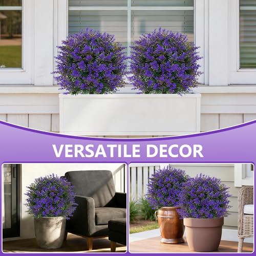 Grooy 4 Pack Artificial Lavender Topiary Trees with Ground Spike, Fake Shrubs UV Resistant Faux Plants for Outdoors, Faux Evergreen Bushes Plant for Front Porch Outdoor Garden Decor - color: Lavender Ball 4pcs