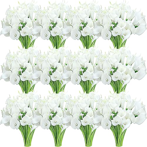 Crowye 100 Pcs Calla Lily Artificial Flowers Bulk 14 Inch Comfortable Touch Calla Lily Bridal Wedding Bouquet Faux Artificial Flower for DIY Wedding Bridal Centerpiece Party Decor (White)