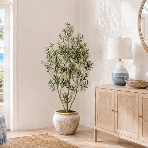 Nafresh Tall Faux Olive Tree 6ft (72in), Artificial Olive Tree with Silk Leaves, Natural-Look Trunk, Adjustable Branches and Lifelike Fruits, Fake Tree for Living Room Bedroom Office Entryway Foyer - size: 6ft