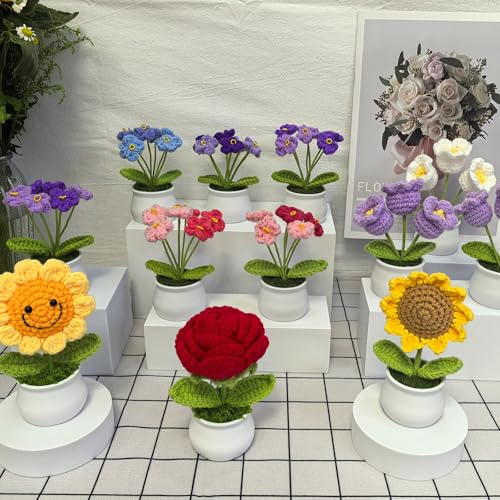 Crochet Flowers Bouquet for Home Office Desk Decorations, Birthday Gifts for Women Her Mom Teacher Coworkers Sister Friends, Purple