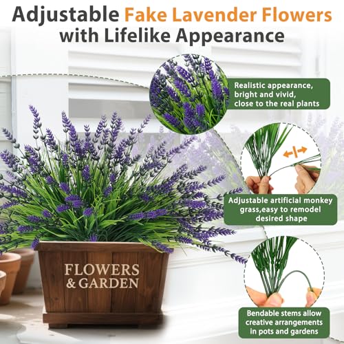Qinzave 32 Bundles Faux Lavender Plants Outdoor, UV Resistant Artificial Lavender Flowers with Monkey Grass for Garden, Patio, Planter, Hanging Basket, Front Porch, Pathway Decor (Purple) - color: Purple