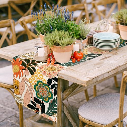 Boho Floral Table Runner Vintage Flower Tropical Leaves Kitchen Dining Table Decoration Botanical for Indoor Outdoor Home Party Decor Supplies, 13 x 72 Inch