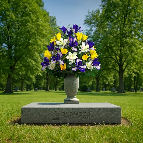 Sympathy Silks Artificial Cemetery Flowers - Grave Decoration - Yellow Tulips and Purple Iris (1) Bouquet - color: Yellow/Purple, size: (1) Bouquet