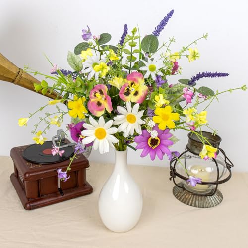 Artificial Spring Flowers 4 Pack Spring Flower Stems 17 Inch Floral Picks with Colorful Daisies Butterfly Orchids Lavender for Centerpieces Vases Floral Arrangements Summer Easter
