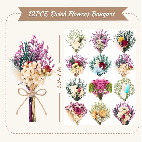 12/24 PCS Charming Dried Flowers Bouquet for Vase Various Dried Wildflowers with Stems Mini Handmade Wildflowers Natural Real Flowers Bulk Flowers Craft (Romantic Colour, 12 PCS) - color: Romantic Colour