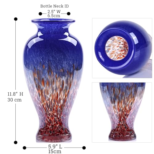 11.8" Tall Blown Blue Glass Vase, Colorful Opaque Glass Vase, Unique Design Wide Mouth Art Decoration for Home, Living Room, Dining Table, Pampas Grass Decor (Blue) - color: Blue