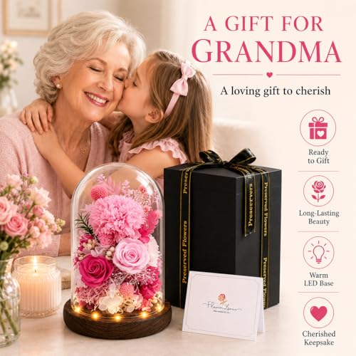 Preserved Flowers in Glass, Preserved Rose with 1 Carnation & 2 Pink Roses Luxury Eternal Flower Gift for Grandma Wife Her Forever Flowers for Anniversary Birthday Lasts 3-5 Years - color: Pink