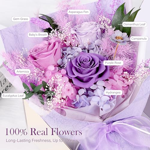 Preserved Bouquet of Flowers - 3 Roses & Flowers for Delivery, Long-Lasting Real Lavender Forever Flowers, Mothers Day Gifts for Mom Grandma Wife, Anniversary Birthday Gifts for Women - color: Purple