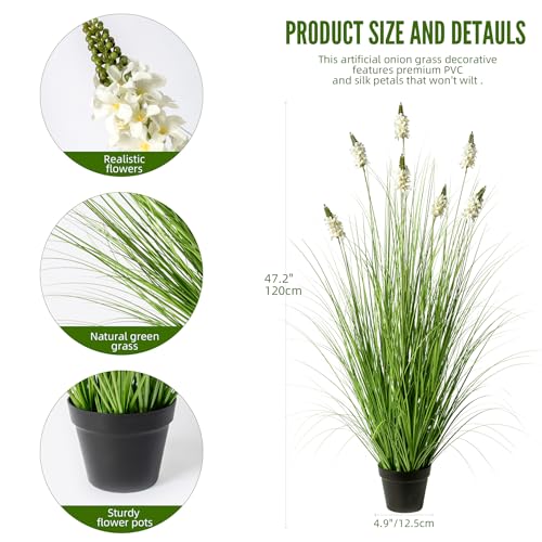 Artificial Plants Indoor Tall Grass Plants with Hyacinth Flower 47.2In Tall Artificial Ornamental Grass Green Onions Outdoor Fake Plants with Black Pot Home Office Decorative (1 Pack,White) - color: 1.2m White1