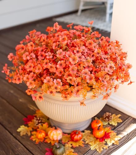 HyeFlora Artificial Fall Flowers Faux Mums for Outdoor Indoor Garden Home Decoration, Faux Flower Daisy with Eucalyptus Leaves Fake Mums Plants Greenery Boxwood Porch Patio, 12 Bundles (F Orange) - color: F Orange