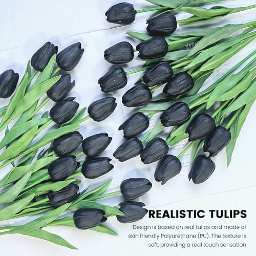 30 PCS Artificial Tulips Real Touch Tulips 13.5inch Long Stem Fake Flowers Silk Flowers for Spring Easter Mother's Day Decorations（Black） - color: Black
