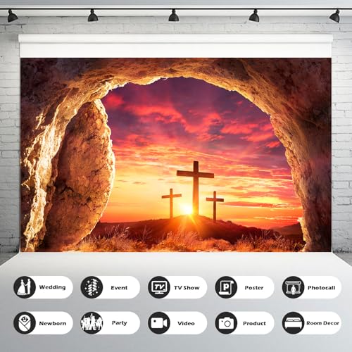 Empty Tomb Backdrop Sunrise Sunset Jesus Christ Crucifixion Resurrection Cave Photography Background Hole Holy Lights Easter Background Three Crosses Christianity Jesus Christ Backgrounds 5x3ft - color: Orange_Red, size: 5x3ft