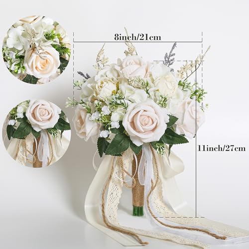 Wedding Bouquets for Bride Bridesmaid, White Champagne Artificial Roses Flowers with Ribbon Bow for Wedding Prom Church Decoration, Ceremony, Anniversary (8in)