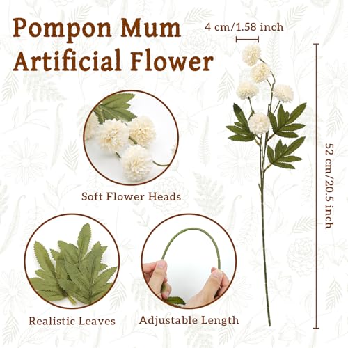 8pcs Ivory Fake Flowers Silk Pompon Mum Artificial Flowers,Mini Artificial Chrysanthemums with Stems,Faux Flowers For Vase,for Wedding Centerpieces, flower arrangements, vase fillers, and home decor - color: Ivory