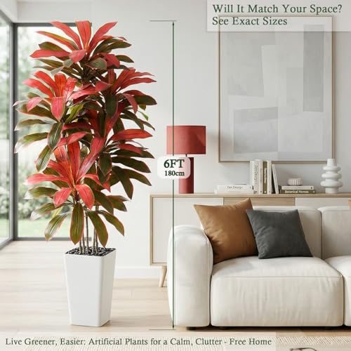 Artificial Dracaena Tree：6FT Faux Silk Tropical Yucca Floor Trees Realistic Fake Green Plant with Natural Wood Trunk & Lifelike Leaves for Home Office Decor Indoor & Outdoor (6FT,1-Pack,White) - color: Burgundy – White Pot, size: 6FT
