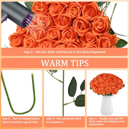 30pcs Fake Roses Artificial Silk Flowers Long Stems Bouquet for Wedding Bridal Shower Party Home Decoration (Orange) - color: Orange