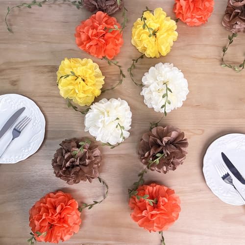Fall Party Decorations Orange Yellow Brown Beige Tissue Paper Flowers Pom Pom Leaf Ribbon Hanging Garland Streamer for Thanksgiving Harvest Birthday Bachelorette Baby Shower Wedding Party Supplies - color: Fall