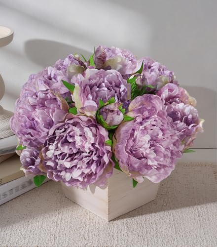 Artificial Hydrangea Flowers Arrangement in Wood Planter, 4PCS Fake Flowers in Wooden Vase Potted Floral Centerpieces for Tables Living Room Home Office Kitchen Decor (Purple Peony) - color: Purple Peony