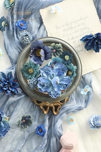 Floroom Mini Artificial Flower Heads Dusty & Navy Blue Fake Peony Daisy Rose Multicolor Small Faux Silk Flower Heads for Cake Craft Garland Wedding Party Graduation Cap DIY Home Decoration, 0.8"-3.6" - color: Dusty Ocean Blue