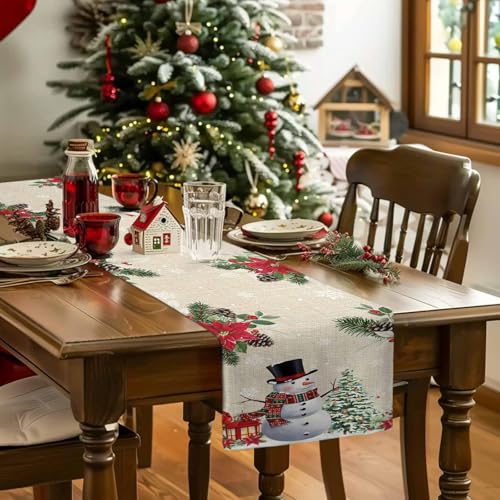 Christmas Snowman Poinsettia Table Runner-Cotton Linen-36 Inch Holiday Dresser Scarves, Floral Eucalyptus Swirls Snowflake Tablerunner for Kitchen Coffee/Dining Bedroom Living Room Dinner Scarf Décor - color: Christmas, size: 13x36 Inch