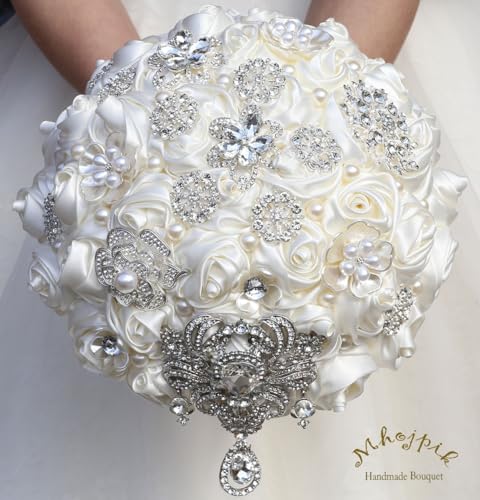 Bridal Wedding Bouquet Round Bling Brooch Bouquet Artificial Rose Flower Bunch for Bride Bridesmaid Wedding Quinceanera(Ivory, 7.5") - color: Ivory*, size: Small (Dia. 7.5"/19cm)
