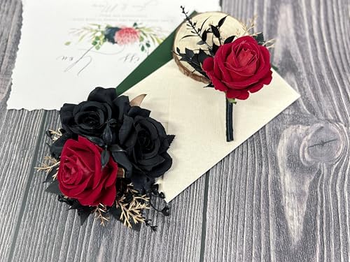 Wedding Flower Set with Rose Corsage and Boutonniere for Men (Black & Red) - color: Black & Red