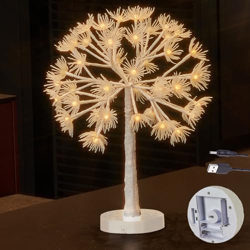 Hairui Lighted Tabletop Tree with Timer 18IN, Faux Dandelion Tree with Lights Battery Operated and USB Plug in for Room Fireplace Table Thanksgiving Christmas Decoration Inside - color: White