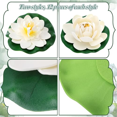 Suncalla 24 Pcs Artificial Floating Foam Lotus Flower with Water Lily Pad, 4", White Color Lifelike Ornament Home Garden Pond Decor Indian Decorations Return Gifts - color: White, size: 4"