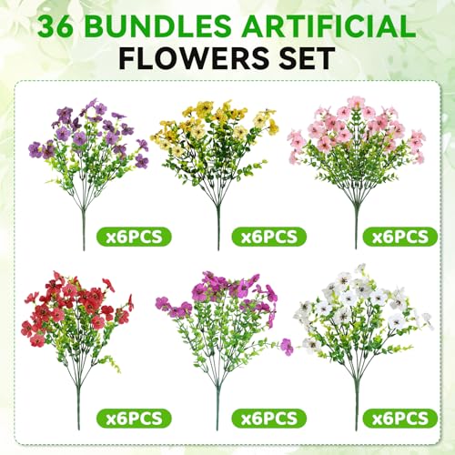 Alotiki 36 Bundles Artificial Flowers for Outdoors Decoration,Faux UV Resistant Violet Flowers with Eucalyptus Leaves,for Porch Outside Indoor Yard Home Patio Decor(36, Multiple Color) - color: Eucalyptus Violet, size: 36P