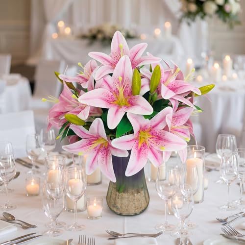 ATFL Artificial Lilies Flowers,9 Pcs Faux Lily Flowers,16''Tiger Lily Branches with 2 Full Blooms and 1 Bud,Faux Fake Lilies Plants for Wedding Bouquet Floral Arrangements (9, Purple) - color: Purple