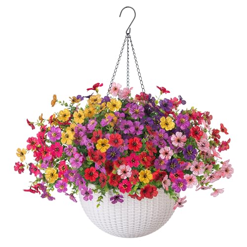 HyeFlora Artificial Faux Hanging Flowers Plants Basket for Outdoor Outside Decoration, Fake Silk Colorful Daisy in Planter for Porch Patio Garden Yard Home - color: 6 Multicolor