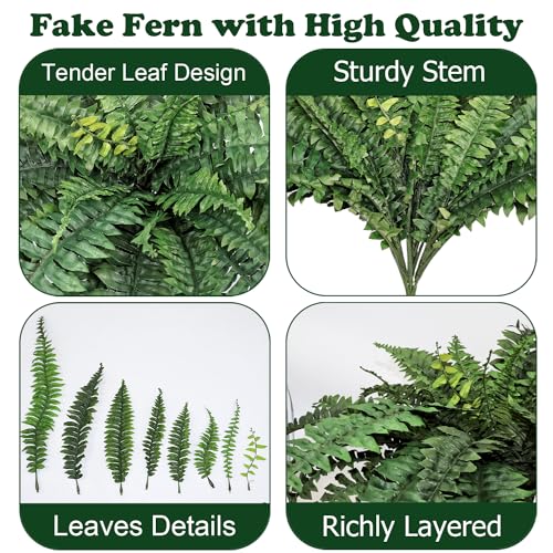 Large Artificial Ferns for Outdoor 49" Fake Boston Fern 49 Fronds Faux Ferns Plant Silk Greenery for Indoors Home Garden Porch Windowsill Decor (1 Stem)