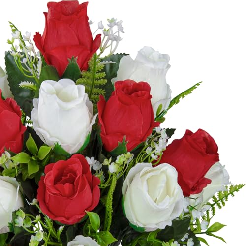 XONOR Artificial Cemetery Flowers for Grave Decorations, Artificial Memorial Roses Flowers Bouquet with Vase for Cemetery Headstones Decoration, 2 Sets (Red&White) - color: Red&white