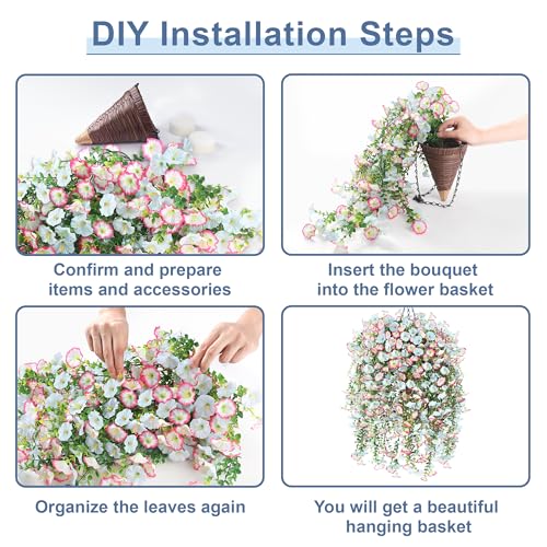 Artificial Hanging Flowers with Basket, 480 Blooms UV Resistant Faux Morning Glory Silk Plants, Fast & Easy Assembly Fake Hanging Baskets for Outdoor Porch Patio Garden Decor, Blue&White - color: Blue&white