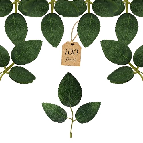 100 Pcs Artificial Flowers Green Leaf Bulk Faux Greenery Silk Fake Rose Leaves Bouquet Garland Wreath Floral Arrangement Supplie DIY Craft (1 Stem with 3 Large-Leaf Green) - color: 08. 1 Stem With 3 Large-leaf Green