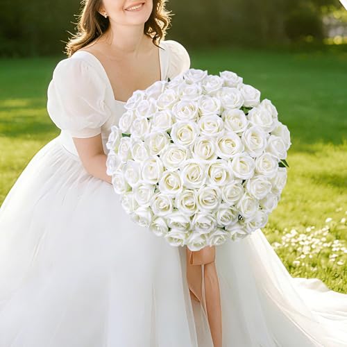 50 PCS White Roses Artificial Flowers, Real Looking Fake Roses with Long Stems Silk Flowers for DIY Wedding Bouquet Party Celebration Home Bridal Shower Decoration Valentine's Day Gift for Her Wife - color: White