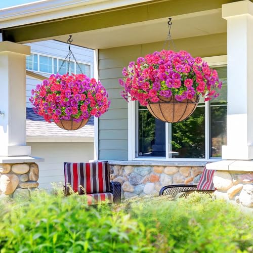Elyum Artificial Hanging Flowers for Outdoors, Fake Flowers Artificial Petunias Hanging Baskets for Outdoors, UV Resistant Fake Hanging Plants Flowers for Outside Garden Patio Porch Decor - color: Purple&rose Red, size: 1 Pack
