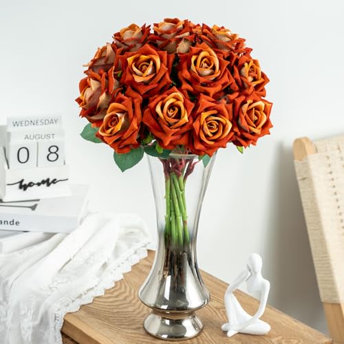 Ttranewsoo Fake Roses Faux Flowers Silk Roses Artificial Roses with Stems Realistic Artificial Flowers 16.5In Suitable for Indoor Home Decoration DIY Bouquet Wedding Decor Party Decor (Orange) 12PCS - color: Orange 12pcs