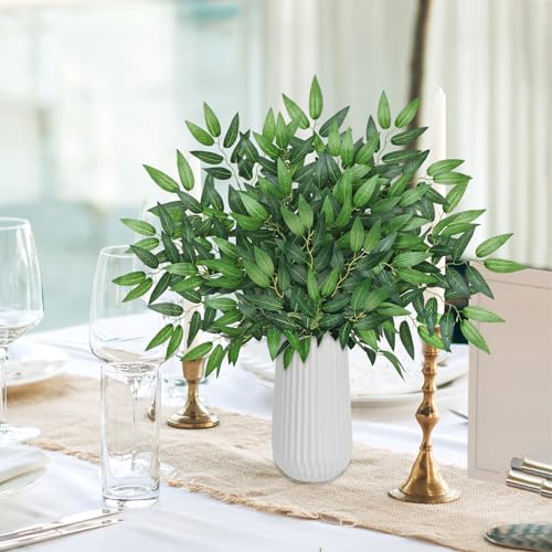 Betylifoy 12Pcs Artificial Italian Ruscus Greenery Stems, 25" Faux Silk Green Leaves Vines Garland Branches Hanging Greenery Spray for Wedding Arch Bouquet Filler Table Centerpieces Home Decor