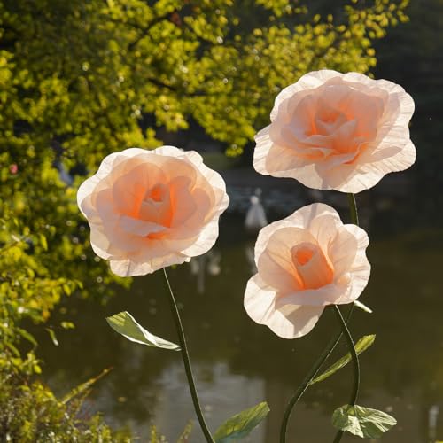 Giant Roses Artificial Flowers for Decoration with Stand,Oversized Handmade Paper Rose Decoration for Wedding,Party,Window Display,Photography Prop,Valentine’s Day & Event Decor(Champagne) - color: Champagne