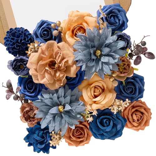 Serwalin Fall Flowers Artificial, Terracotta Orange Rose Silk Flowers with Stems, Navy Blue Dahlia Fake Flowers for Wedding Bridal Baby Shower Party DIY Craft Home Cake Decoration - color: Blue & Orange Terracotta, size: Square