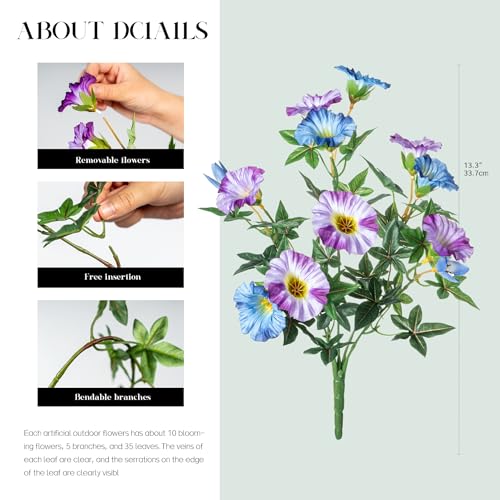 Blue Purple Artificial Morning Glory Flowers for Outdoor Planters, Premium UV Resistant Silk Faux Flowers for Porch, Hanging Basket & Window Box, Cottage Garden Decor, No Pot, 13.3 Inch, 4 Bundles - color: Blue Purple 4pcs
