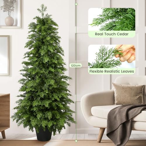 4ft Artificial Cedar Topiary Trees 2 Pack,Real Touch Cedar Tree Faux Plants Potted UV Resistant Evergreen Tree for Outdoor Indoor Door Garden Farmhouse Home Decoration - size: 4ft