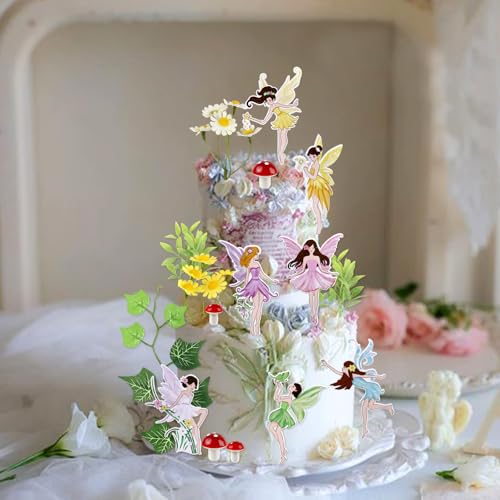 28PCS Fairy Cake Toppers Mini Flowers Red Mushroom Artificial Leaves Cake Decorations for Fairy Flower Theme Baby Girls Birthday Party Decorations Supplies - color: Colorful